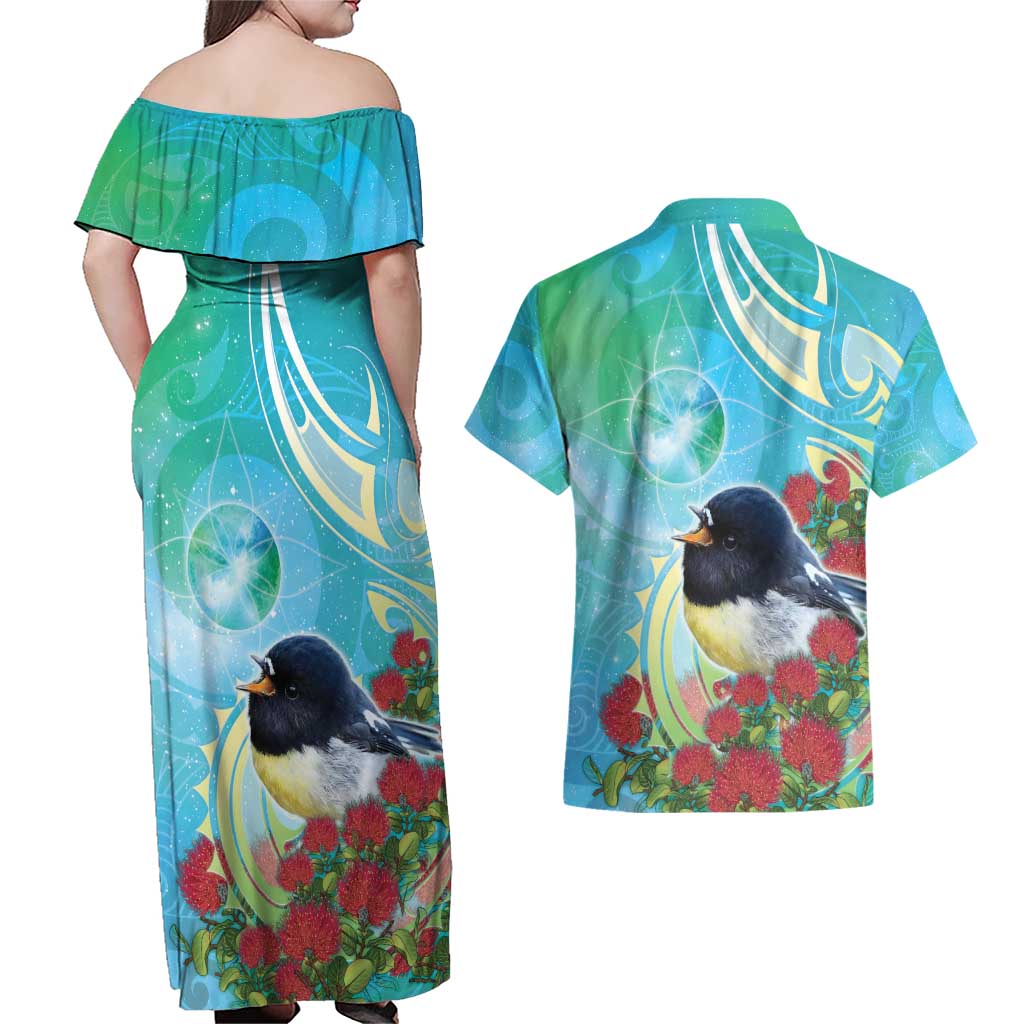 New Zealand Tomtit Couples Matching Off Shoulder Maxi Dress and Hawaiian Shirt Maori Koru With Pohutukawa Galaxy Style - Aussie Hoodie