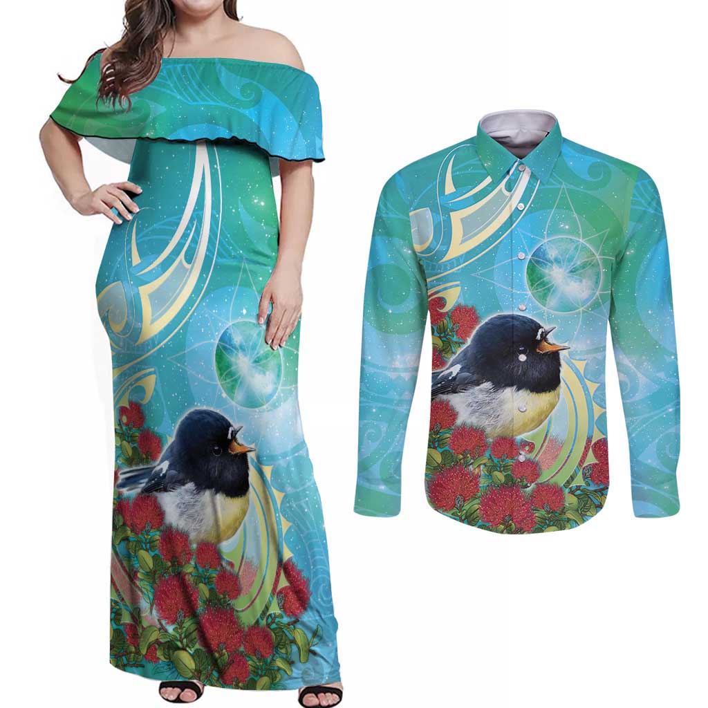 New Zealand Tomtit Couples Matching Off Shoulder Maxi Dress and Long Sleeve Button Shirt Maori Koru With Pohutukawa Galaxy Style - Aussie Hoodie