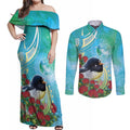 New Zealand Tomtit Couples Matching Off Shoulder Maxi Dress and Long Sleeve Button Shirt Maori Koru With Pohutukawa Galaxy Style - Aussie Hoodie