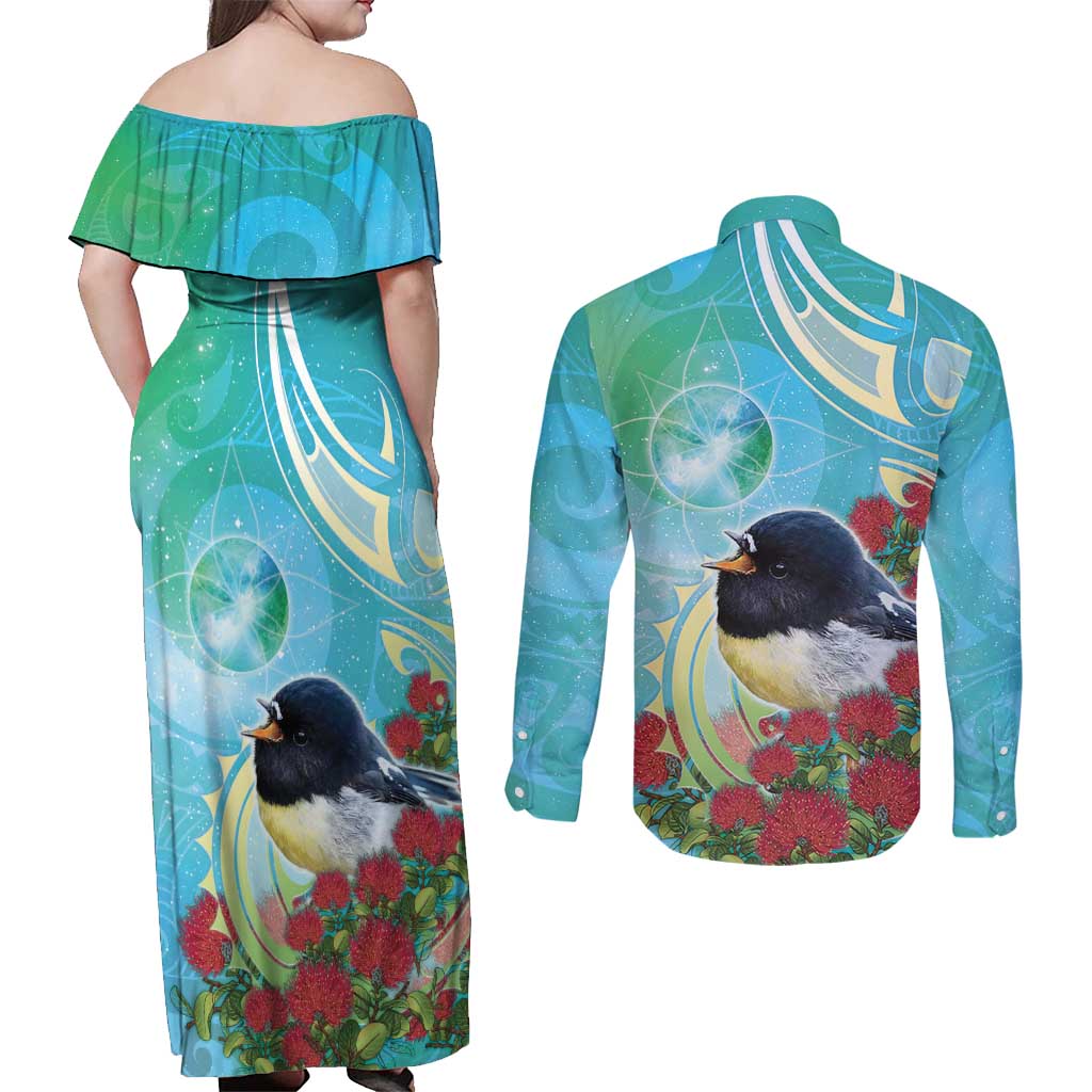 New Zealand Tomtit Couples Matching Off Shoulder Maxi Dress and Long Sleeve Button Shirt Maori Koru With Pohutukawa Galaxy Style - Aussie Hoodie
