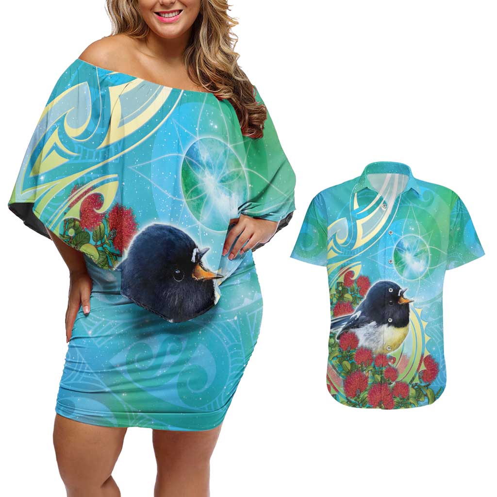 New Zealand Tomtit Couples Matching Off Shoulder Short Dress and Hawaiian Shirt Maori Koru With Pohutukawa Galaxy Style - Aussie Hoodie