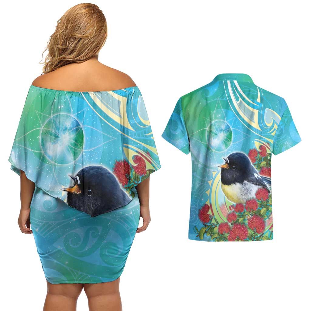 New Zealand Tomtit Couples Matching Off Shoulder Short Dress and Hawaiian Shirt Maori Koru With Pohutukawa Galaxy Style - Aussie Hoodie
