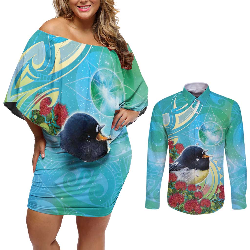 New Zealand Tomtit Couples Matching Off Shoulder Short Dress and Long Sleeve Button Shirt Maori Koru With Pohutukawa Galaxy Style - Aussie Hoodie