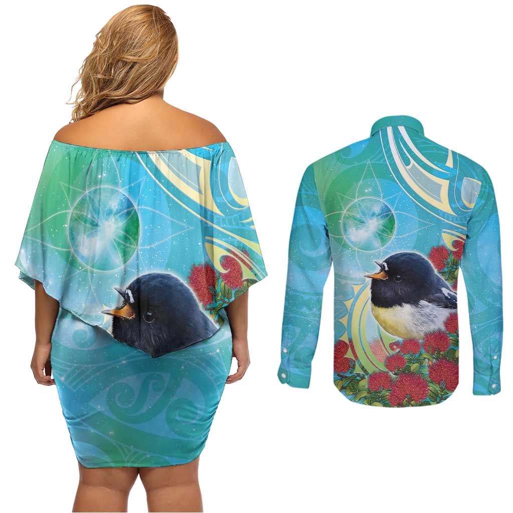 New Zealand Tomtit Couples Matching Off Shoulder Short Dress and Long Sleeve Button Shirt Maori Koru With Pohutukawa Galaxy Style - Aussie Hoodie