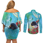 New Zealand Tomtit Couples Matching Off Shoulder Short Dress and Long Sleeve Button Shirt Maori Koru With Pohutukawa Galaxy Style - Aussie Hoodie