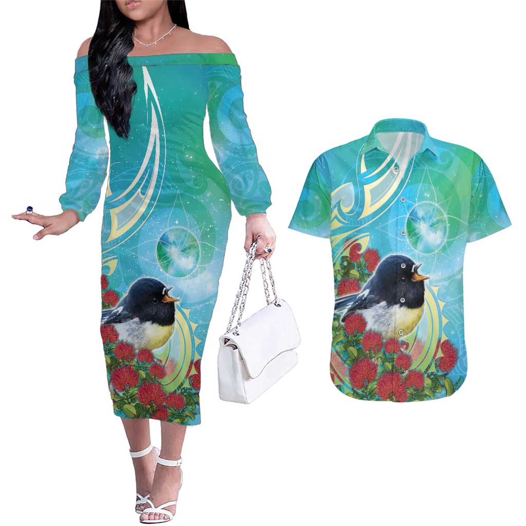 New Zealand Tomtit Couples Matching Off The Shoulder Long Sleeve Dress and Hawaiian Shirt Maori Koru With Pohutukawa Galaxy Style - Aussie Hoodie