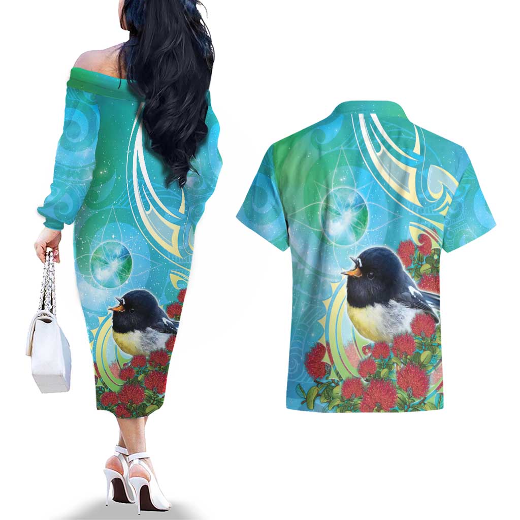 New Zealand Tomtit Couples Matching Off The Shoulder Long Sleeve Dress and Hawaiian Shirt Maori Koru With Pohutukawa Galaxy Style - Aussie Hoodie