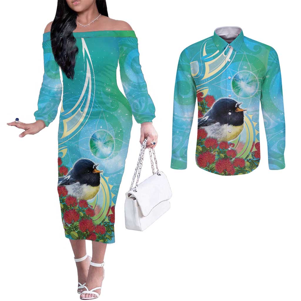 New Zealand Tomtit Couples Matching Off The Shoulder Long Sleeve Dress and Long Sleeve Button Shirt Maori Koru With Pohutukawa Galaxy Style - Aussie Hoodie