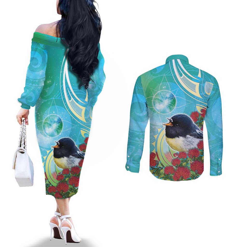 New Zealand Tomtit Couples Matching Off The Shoulder Long Sleeve Dress and Long Sleeve Button Shirt Maori Koru With Pohutukawa Galaxy Style - Aussie Hoodie
