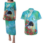 New Zealand Tomtit Couples Matching Puletasi and Hawaiian Shirt Maori Koru With Pohutukawa Galaxy Style - Aussie Hoodie