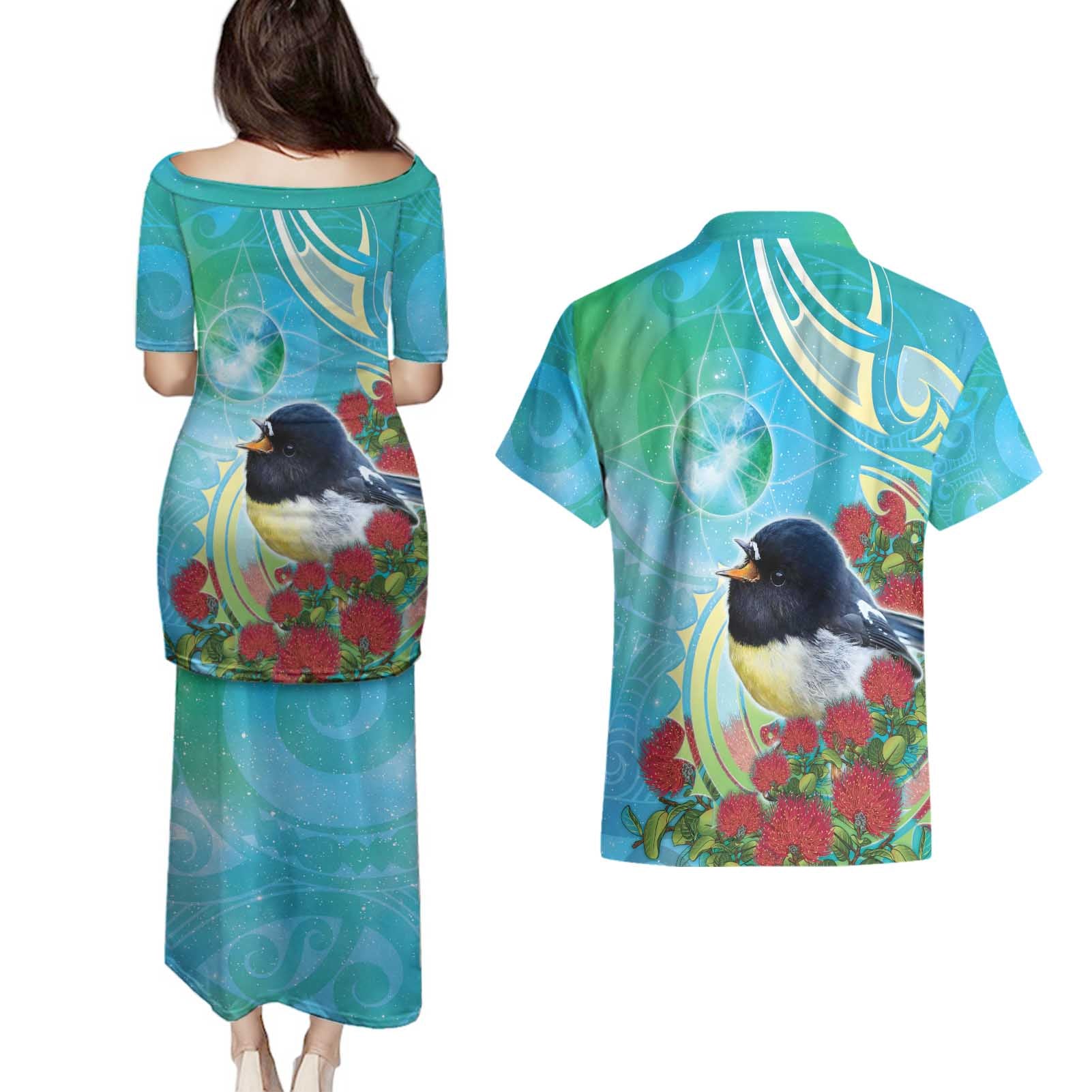 New Zealand Tomtit Couples Matching Puletasi and Hawaiian Shirt Maori Koru With Pohutukawa Galaxy Style - Aussie Hoodie
