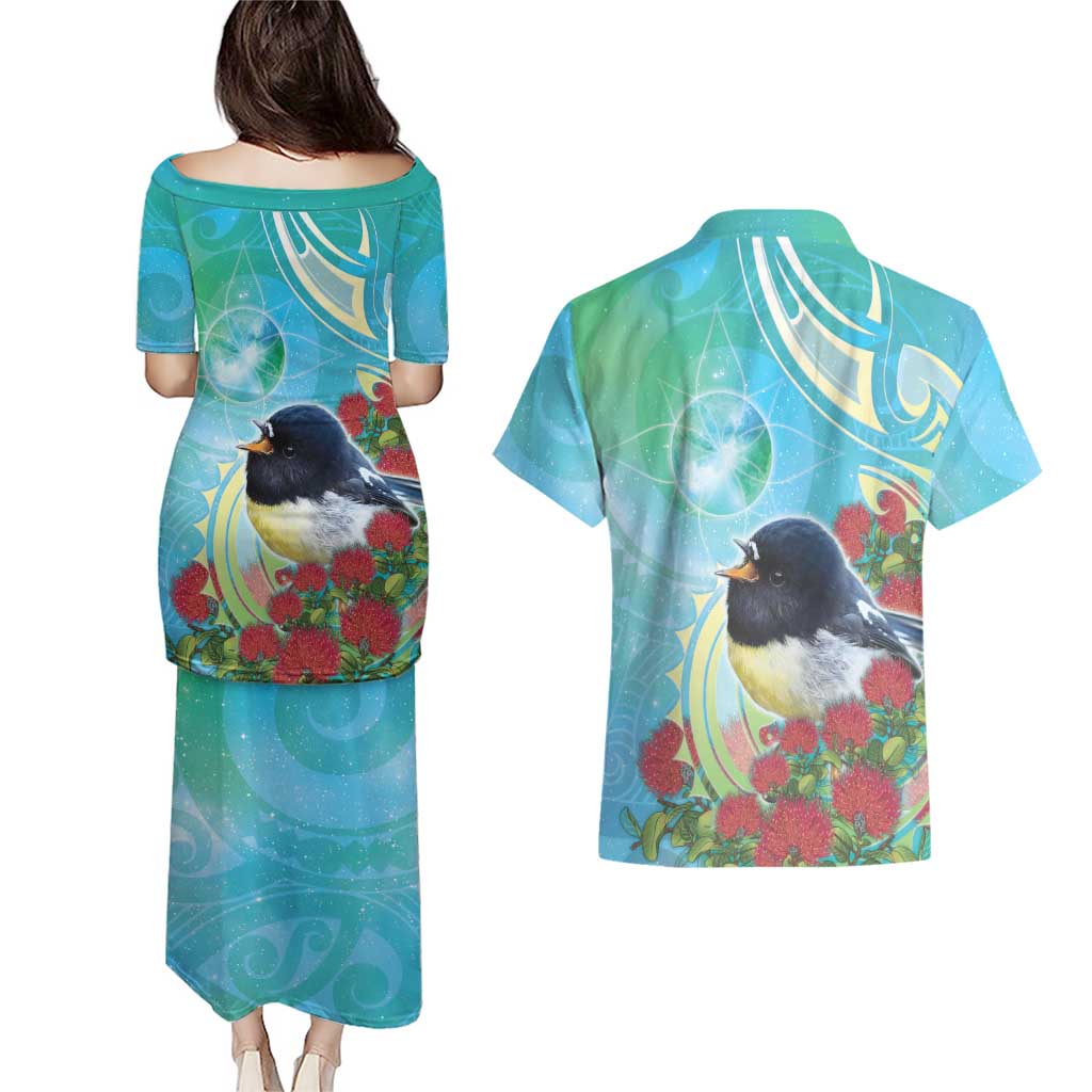 New Zealand Tomtit Couples Matching Puletasi and Hawaiian Shirt Maori Koru With Pohutukawa Galaxy Style - Aussie Hoodie