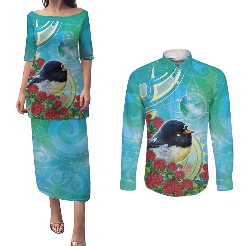 New Zealand Tomtit Couples Matching Puletasi and Long Sleeve Button Shirt Maori Koru With Pohutukawa Galaxy Style - Aussie Hoodie