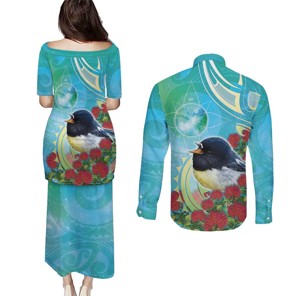 New Zealand Tomtit Couples Matching Puletasi and Long Sleeve Button Shirt Maori Koru With Pohutukawa Galaxy Style - Aussie Hoodie