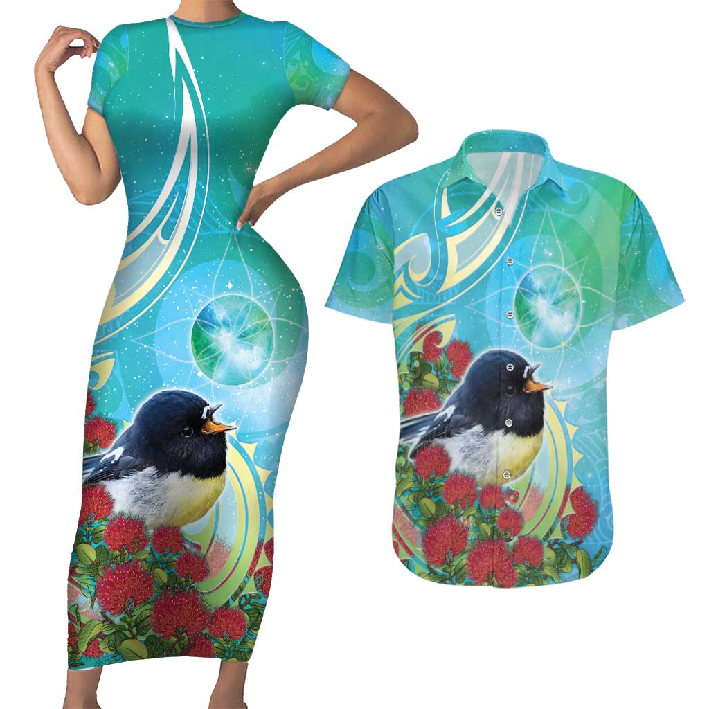 New Zealand Tomtit Couples Matching Short Sleeve Bodycon Dress and Hawaiian Shirt Maori Koru With Pohutukawa Galaxy Style - Aussie Hoodie
