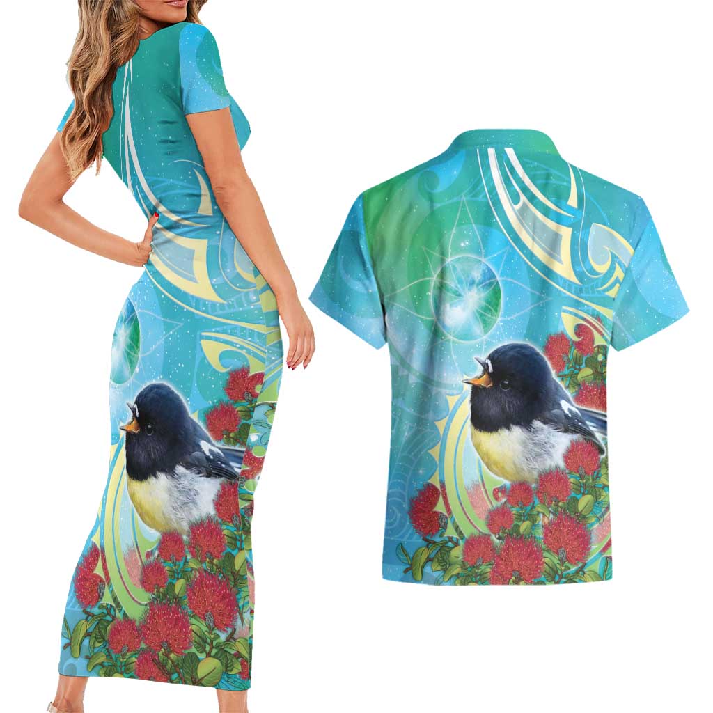 New Zealand Tomtit Couples Matching Short Sleeve Bodycon Dress and Hawaiian Shirt Maori Koru With Pohutukawa Galaxy Style - Aussie Hoodie