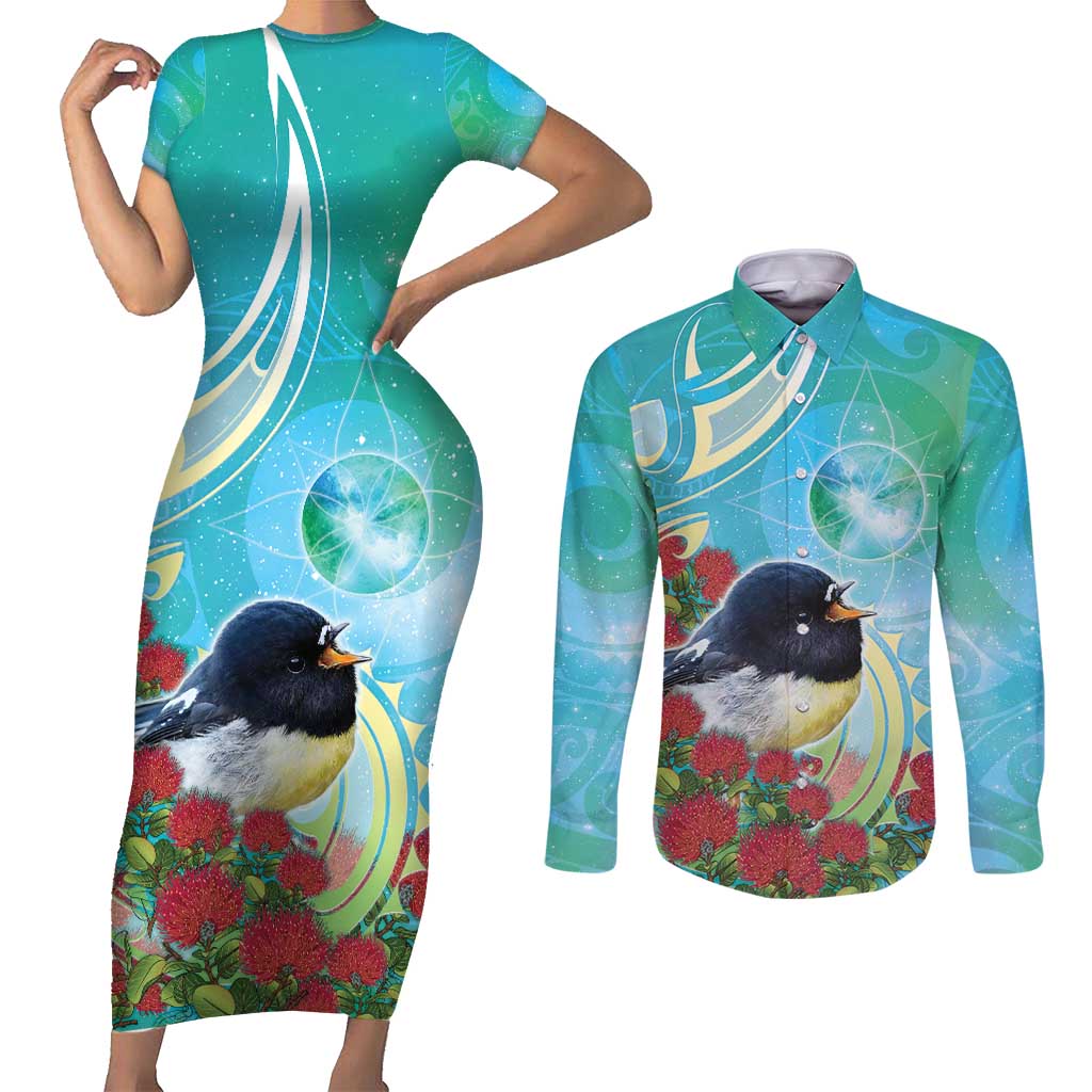 New Zealand Tomtit Couples Matching Short Sleeve Bodycon Dress and Long Sleeve Button Shirt Maori Koru With Pohutukawa Galaxy Style - Aussie Hoodie