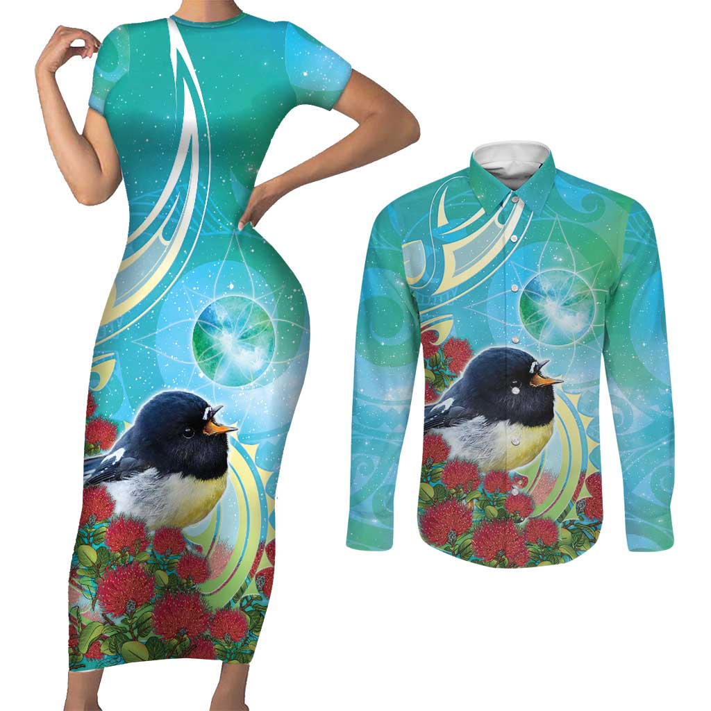 New Zealand Tomtit Couples Matching Short Sleeve Bodycon Dress and Long Sleeve Button Shirt Maori Koru With Pohutukawa Galaxy Style - Aussie Hoodie