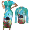 New Zealand Tomtit Couples Matching Short Sleeve Bodycon Dress and Long Sleeve Button Shirt Maori Koru With Pohutukawa Galaxy Style - Aussie Hoodie