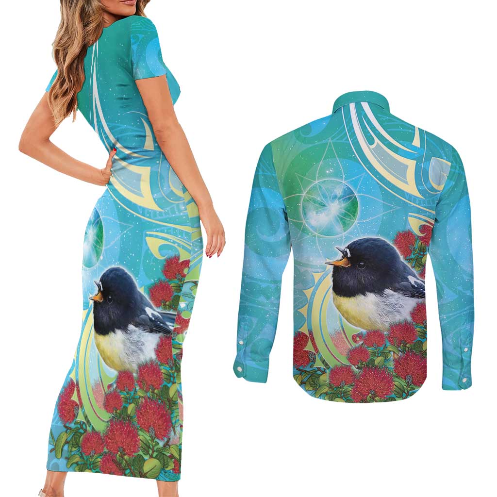 New Zealand Tomtit Couples Matching Short Sleeve Bodycon Dress and Long Sleeve Button Shirt Maori Koru With Pohutukawa Galaxy Style - Aussie Hoodie