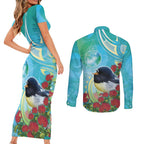 New Zealand Tomtit Couples Matching Short Sleeve Bodycon Dress and Long Sleeve Button Shirt Maori Koru With Pohutukawa Galaxy Style - Aussie Hoodie