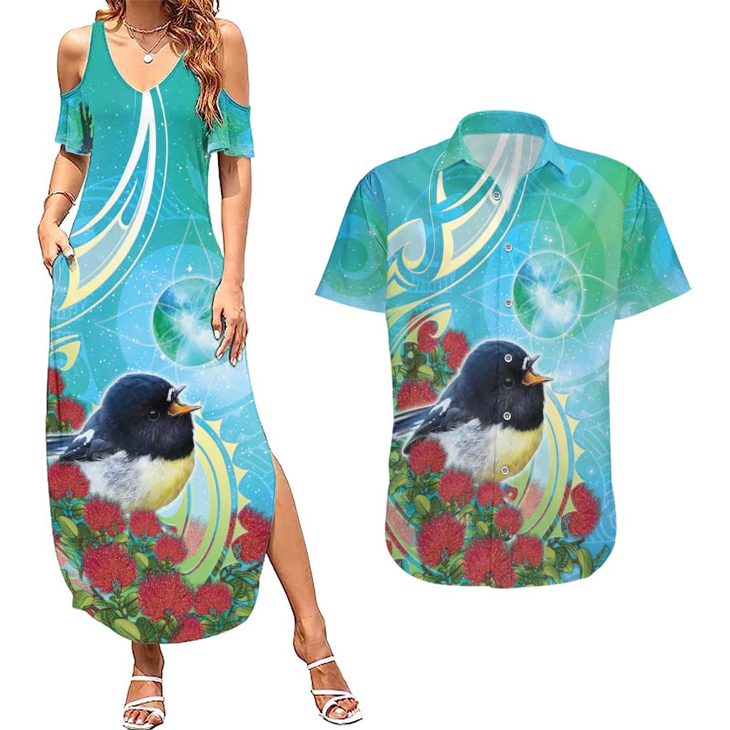 New Zealand Tomtit Couples Matching Summer Maxi Dress and Hawaiian Shirt Maori Koru With Pohutukawa Galaxy Style - Aussie Hoodie