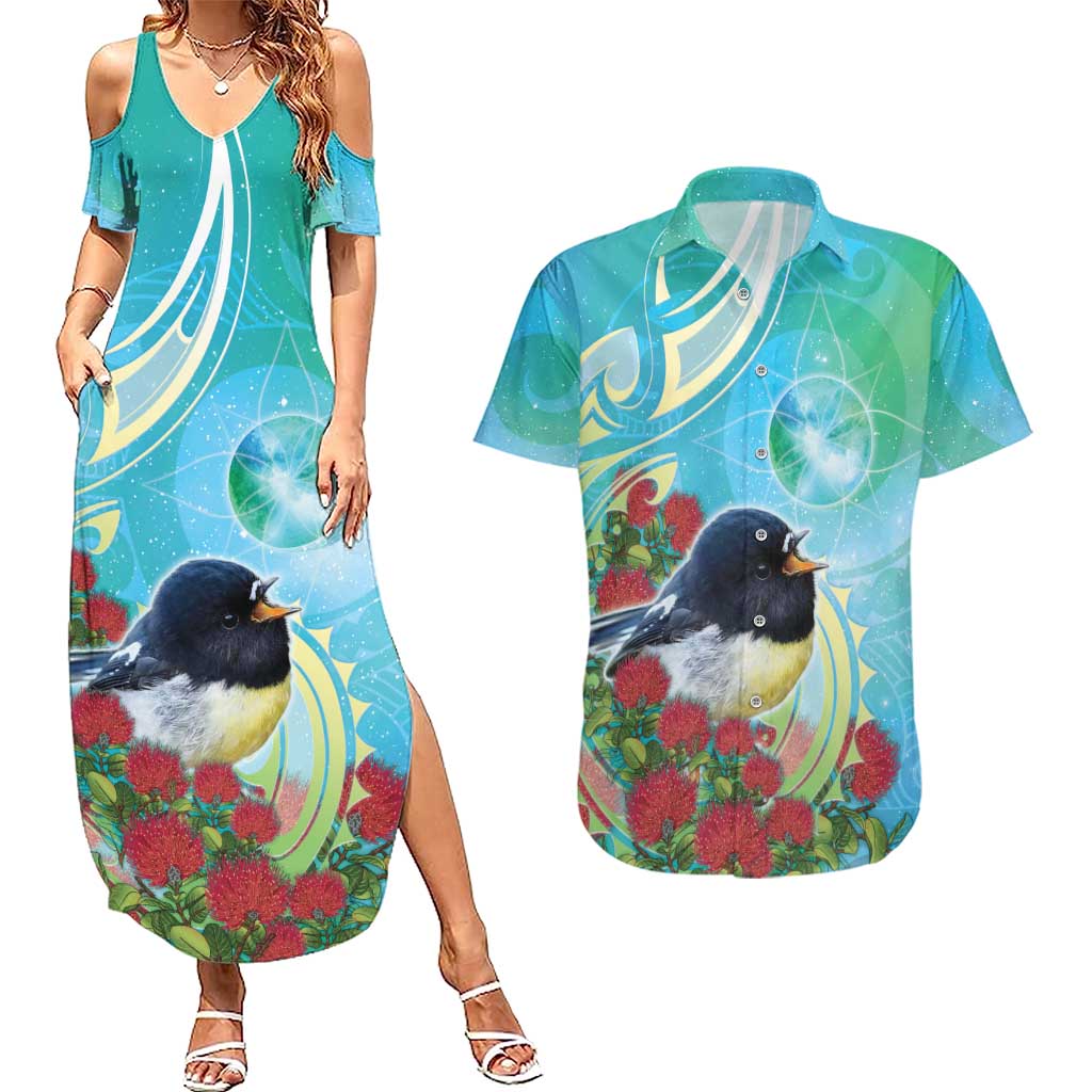 New Zealand Tomtit Couples Matching Summer Maxi Dress and Hawaiian Shirt Maori Koru With Pohutukawa Galaxy Style - Aussie Hoodie