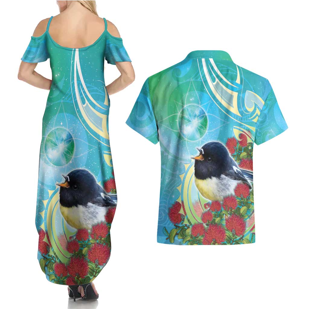 New Zealand Tomtit Couples Matching Summer Maxi Dress and Hawaiian Shirt Maori Koru With Pohutukawa Galaxy Style - Aussie Hoodie