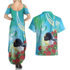 New Zealand Tomtit Couples Matching Summer Maxi Dress and Hawaiian Shirt Maori Koru With Pohutukawa Galaxy Style - Aussie Hoodie
