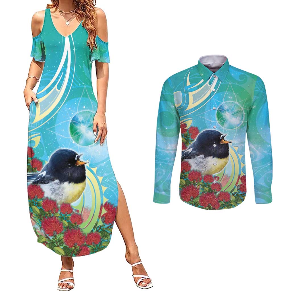 New Zealand Tomtit Couples Matching Summer Maxi Dress and Long Sleeve Button Shirt Maori Koru With Pohutukawa Galaxy Style - Aussie Hoodie