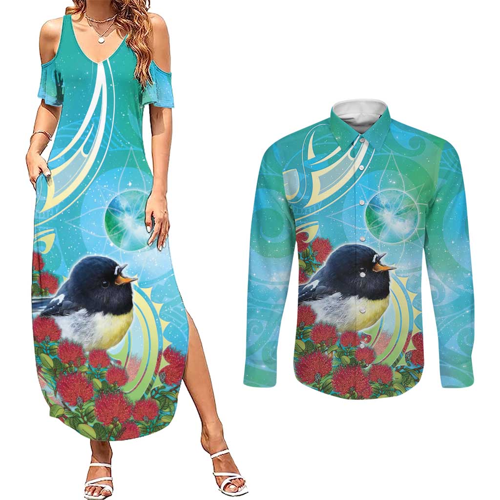 New Zealand Tomtit Couples Matching Summer Maxi Dress and Long Sleeve Button Shirt Maori Koru With Pohutukawa Galaxy Style - Aussie Hoodie