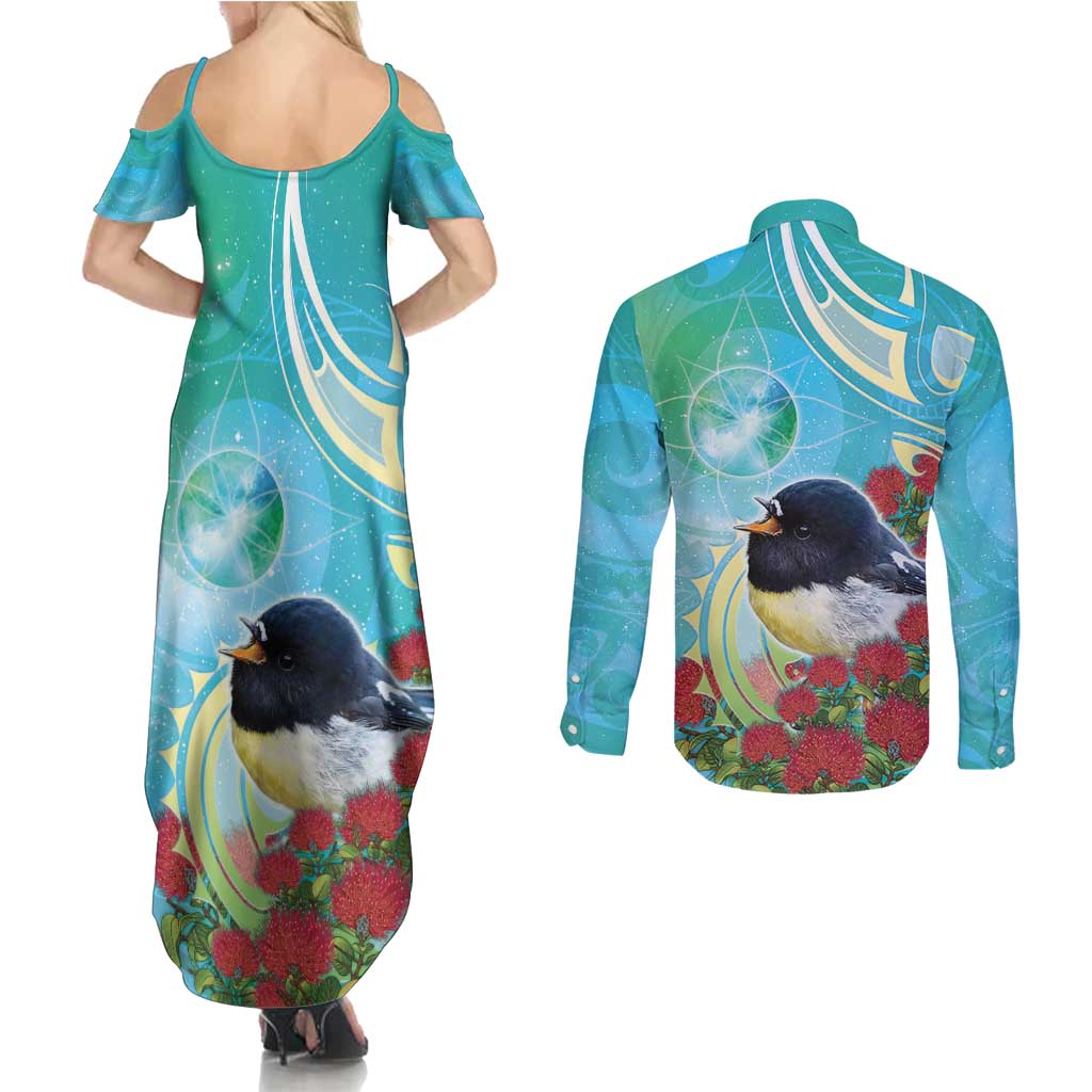 New Zealand Tomtit Couples Matching Summer Maxi Dress and Long Sleeve Button Shirt Maori Koru With Pohutukawa Galaxy Style - Aussie Hoodie