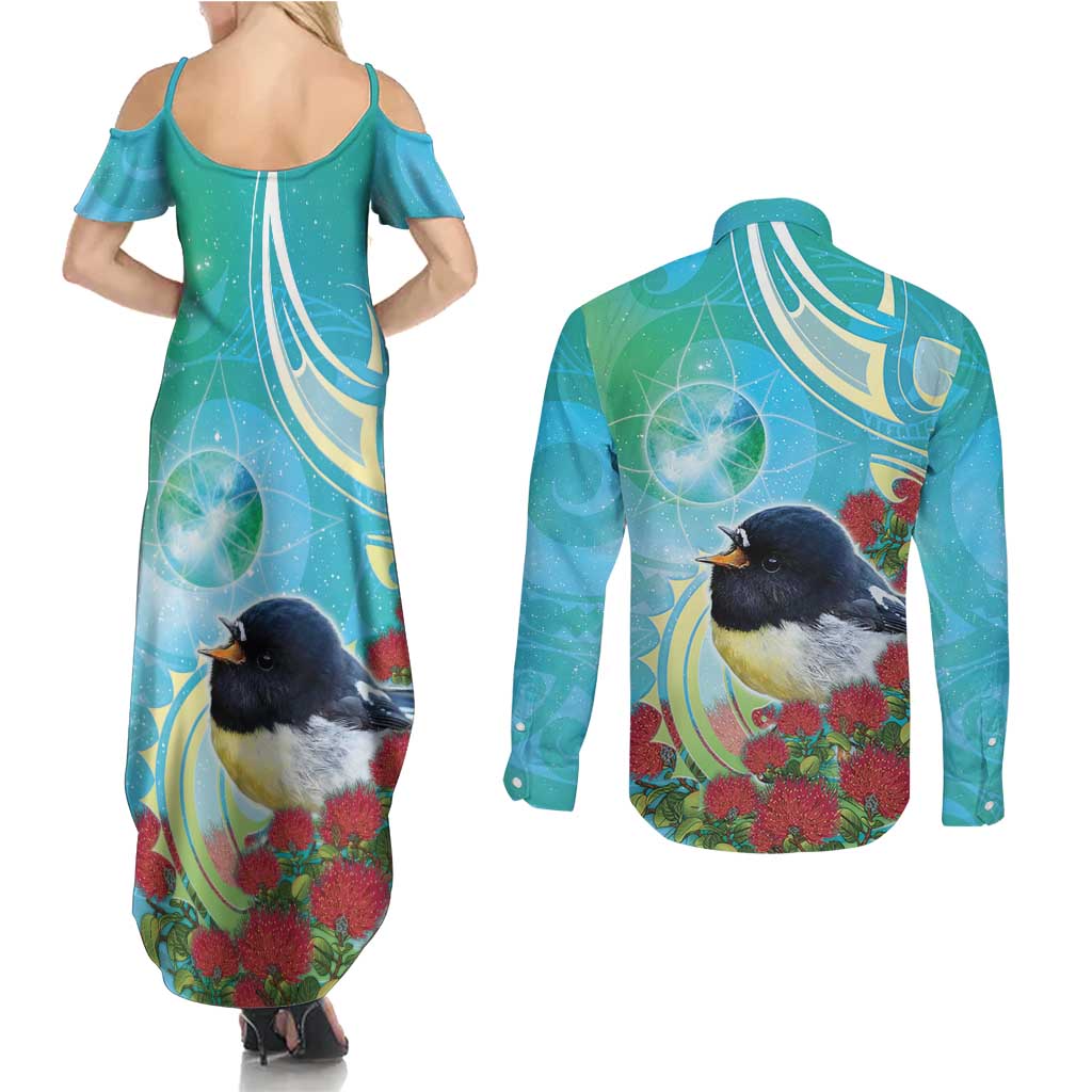 New Zealand Tomtit Couples Matching Summer Maxi Dress and Long Sleeve Button Shirt Maori Koru With Pohutukawa Galaxy Style - Aussie Hoodie