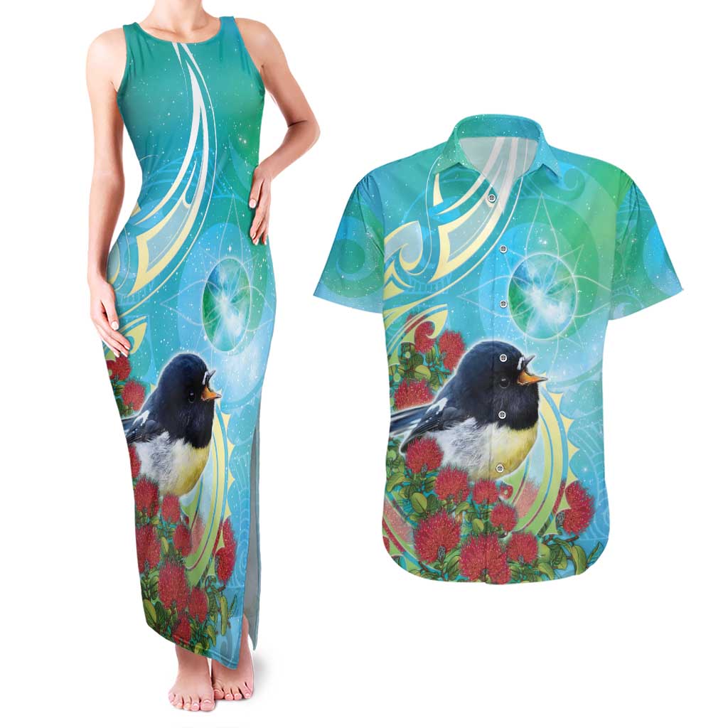 New Zealand Tomtit Couples Matching Tank Maxi Dress and Hawaiian Shirt Maori Koru With Pohutukawa Galaxy Style - Aussie Hoodie