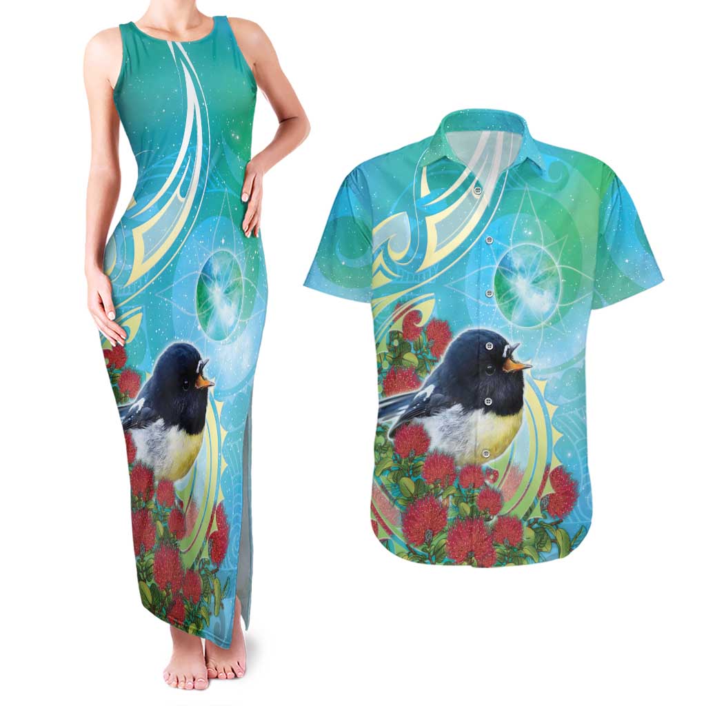 New Zealand Tomtit Couples Matching Tank Maxi Dress and Hawaiian Shirt Maori Koru With Pohutukawa Galaxy Style - Aussie Hoodie