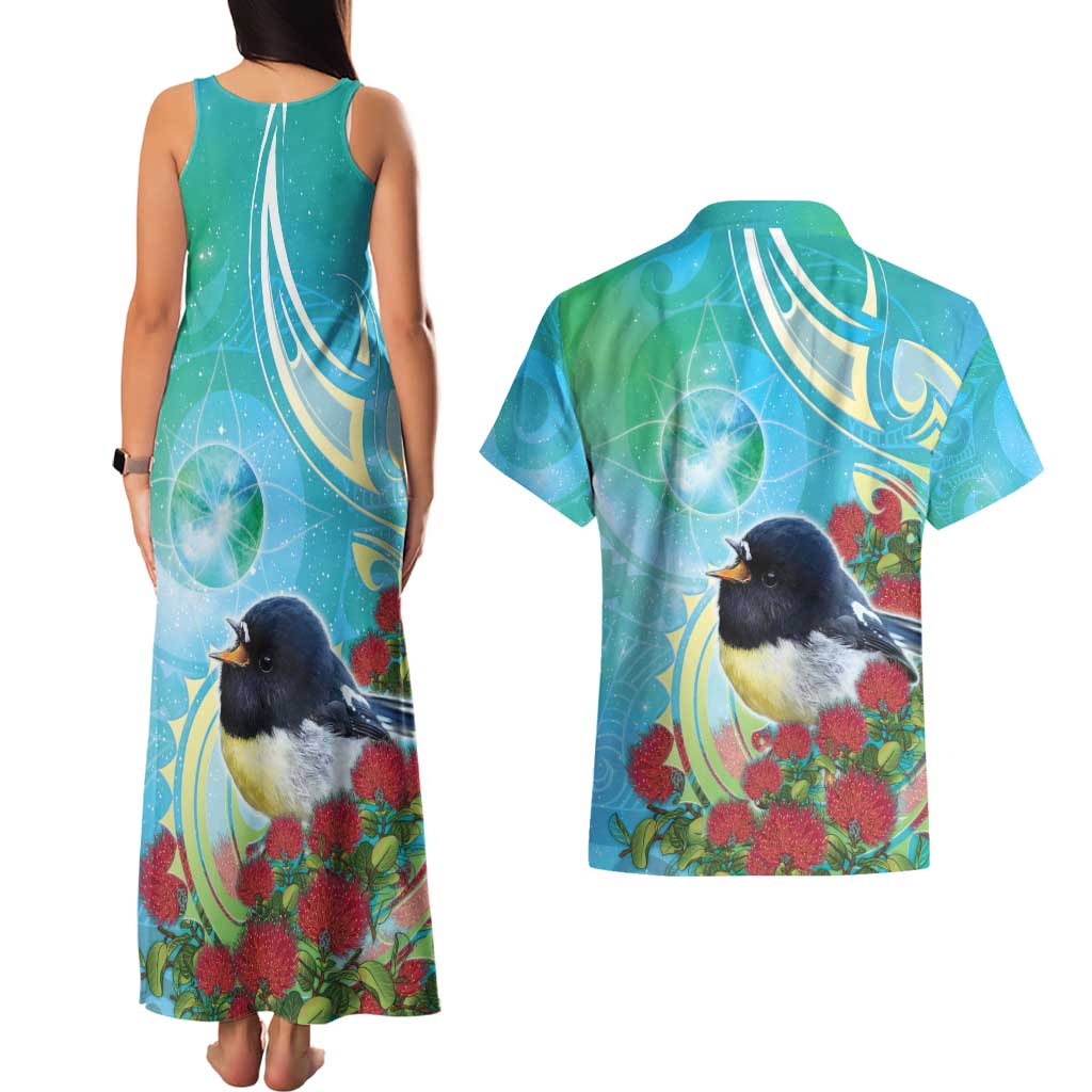New Zealand Tomtit Couples Matching Tank Maxi Dress and Hawaiian Shirt Maori Koru With Pohutukawa Galaxy Style - Aussie Hoodie