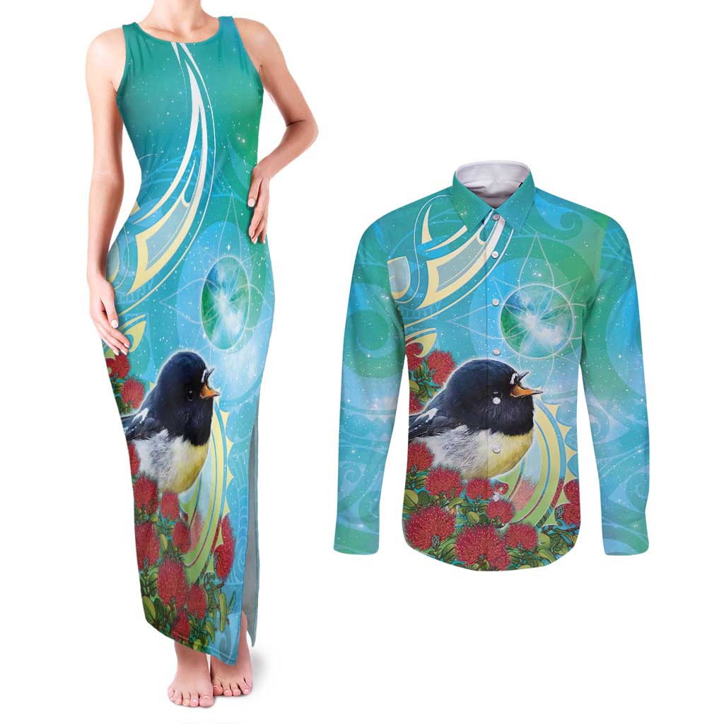 New Zealand Tomtit Couples Matching Tank Maxi Dress and Long Sleeve Button Shirt Maori Koru With Pohutukawa Galaxy Style - Aussie Hoodie