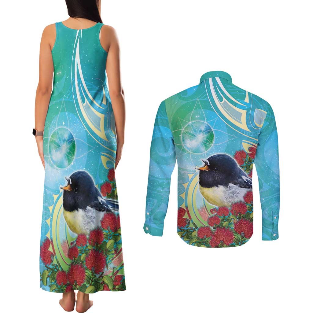 New Zealand Tomtit Couples Matching Tank Maxi Dress and Long Sleeve Button Shirt Maori Koru With Pohutukawa Galaxy Style - Aussie Hoodie