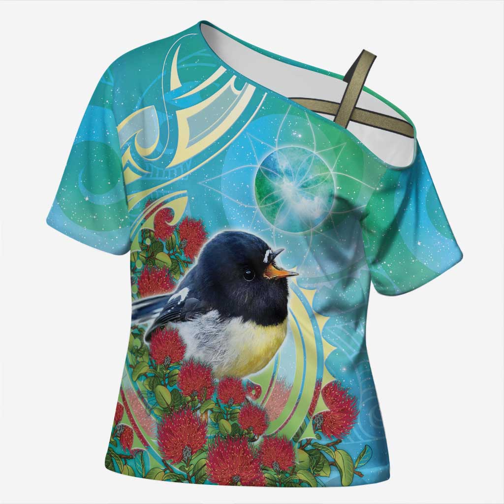 New Zealand Tomtit Cross Shoulder Shirt Maori Koru With Pohutukawa Galaxy Style - Aussie Hoodie