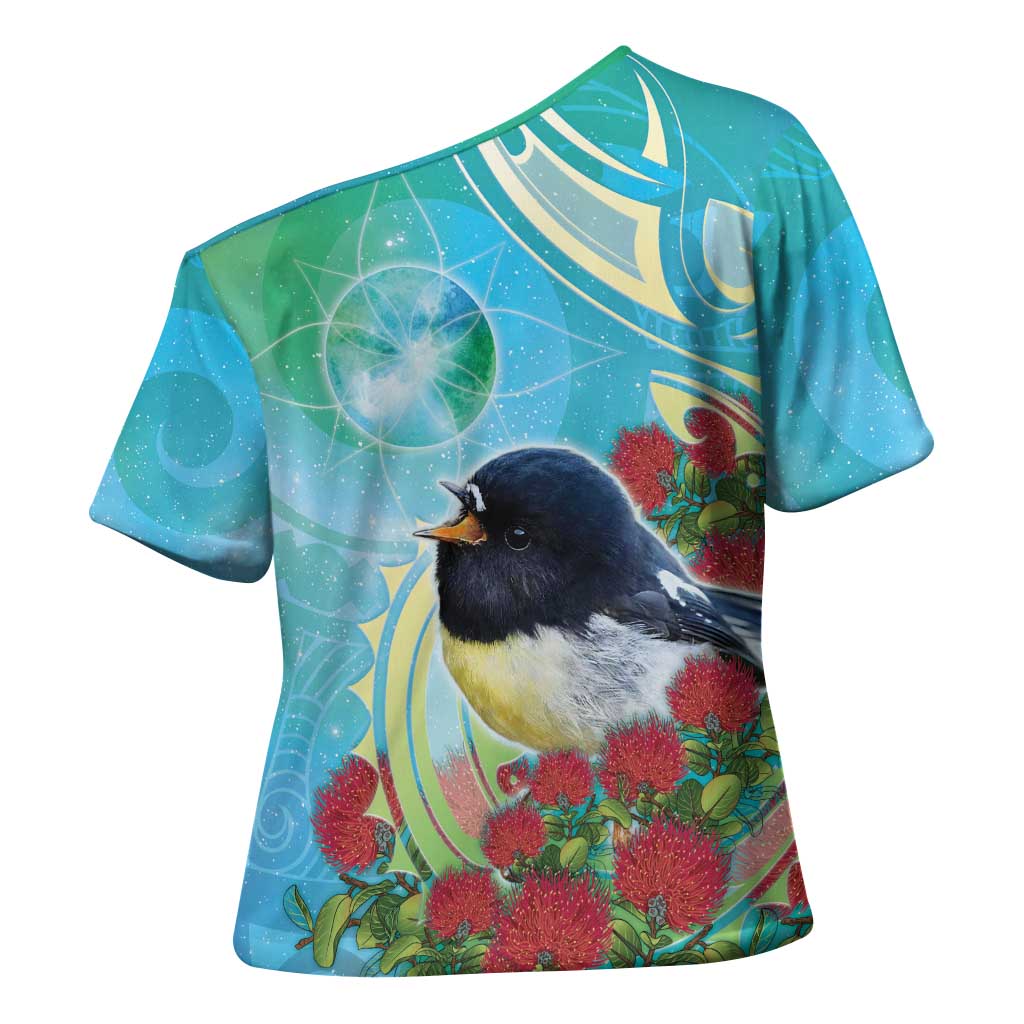 New Zealand Tomtit Cross Shoulder Shirt Maori Koru With Pohutukawa Galaxy Style - Aussie Hoodie