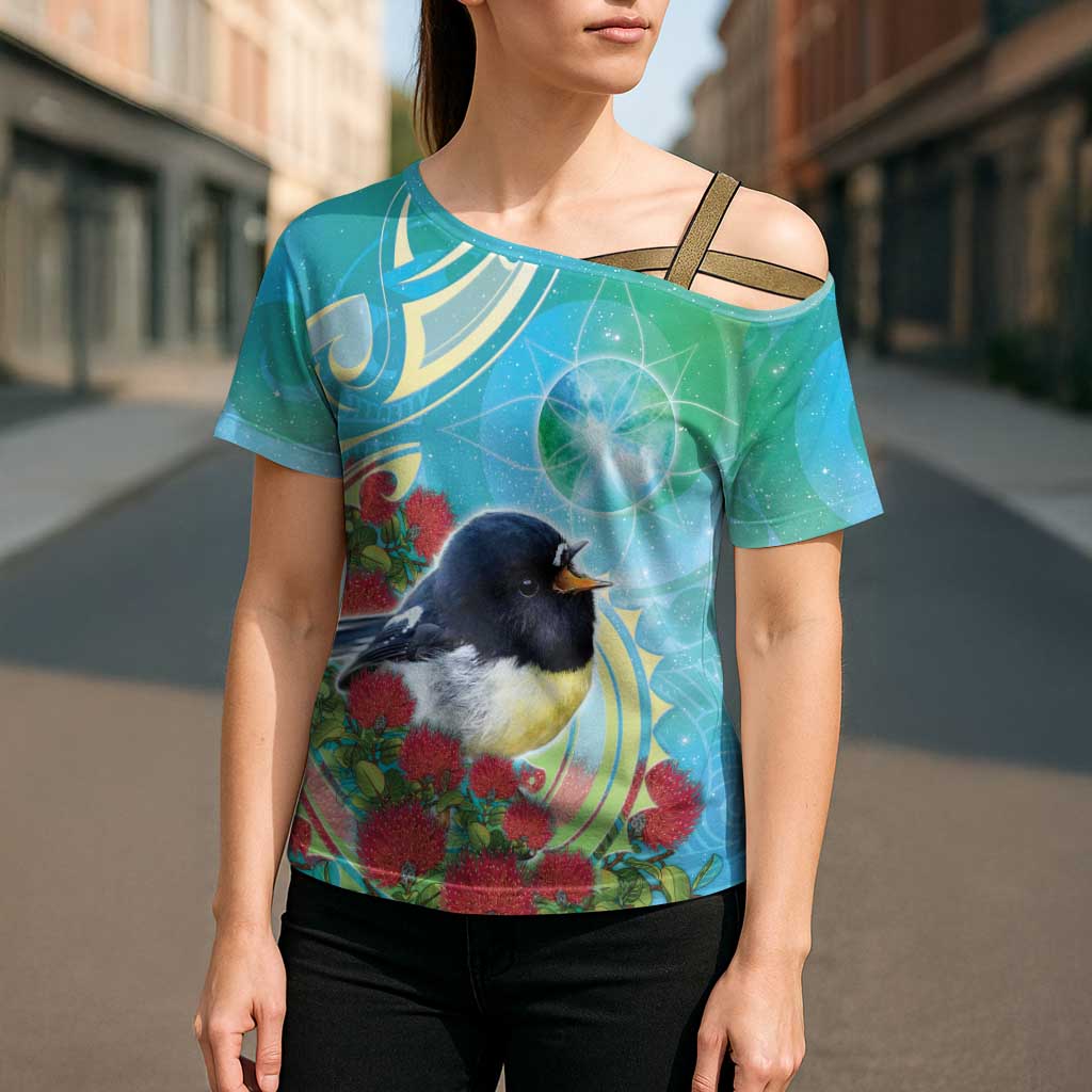 New Zealand Tomtit Cross Shoulder Shirt Maori Koru With Pohutukawa Galaxy Style - Aussie Hoodie