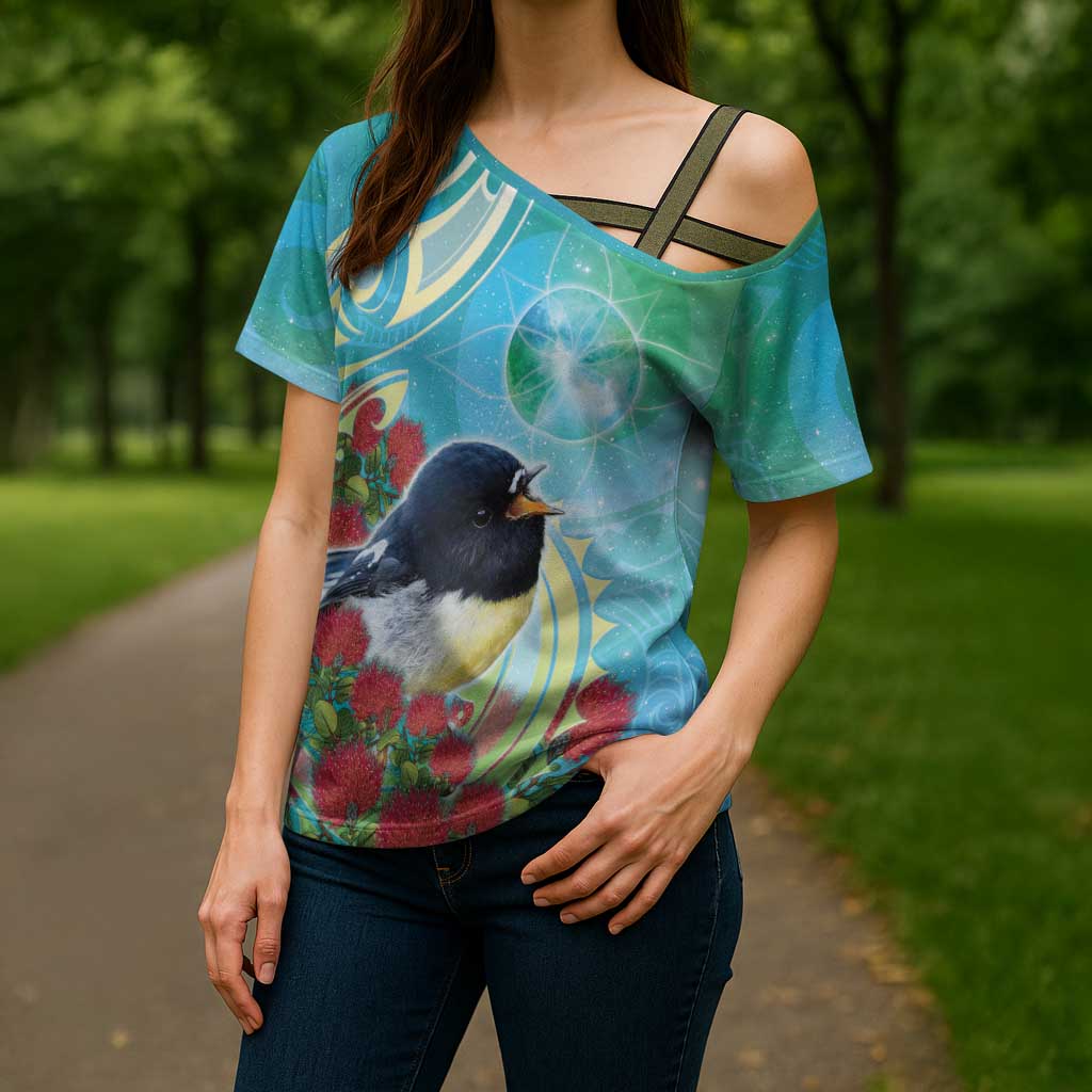 New Zealand Tomtit Cross Shoulder Shirt Maori Koru With Pohutukawa Galaxy Style - Aussie Hoodie