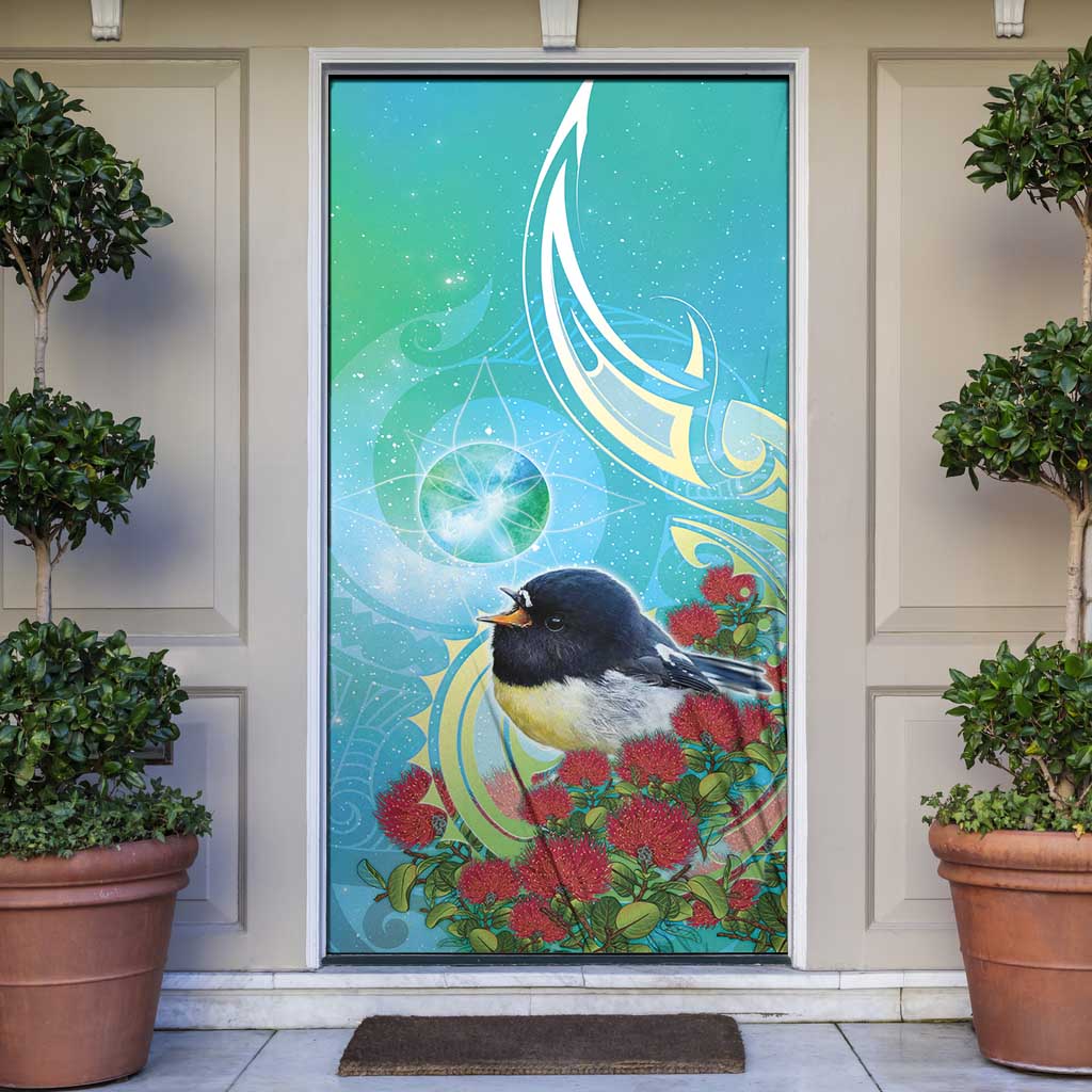 New Zealand Tomtit Door Cover Maori Koru With Pohutukawa Galaxy Style - Aussie Hoodie