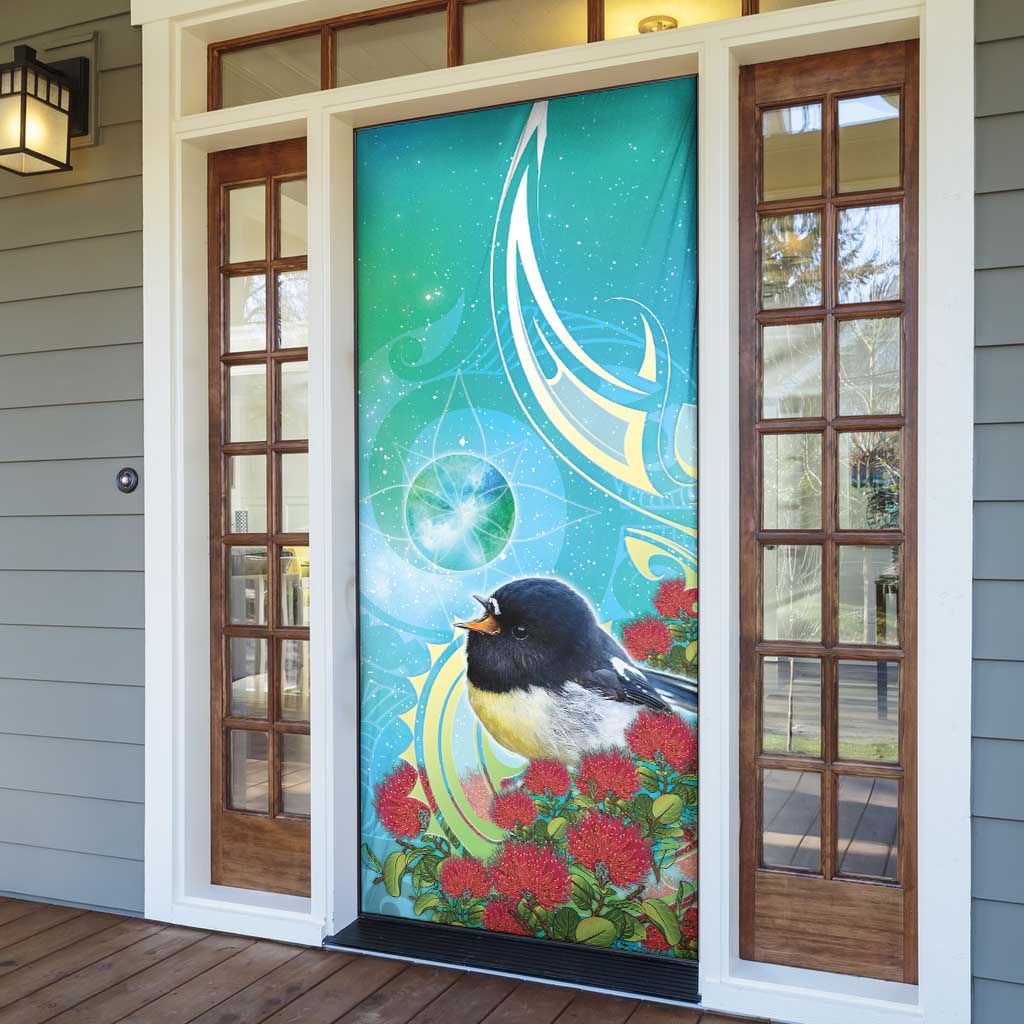 New Zealand Tomtit Door Cover Maori Koru With Pohutukawa Galaxy Style - Aussie Hoodie