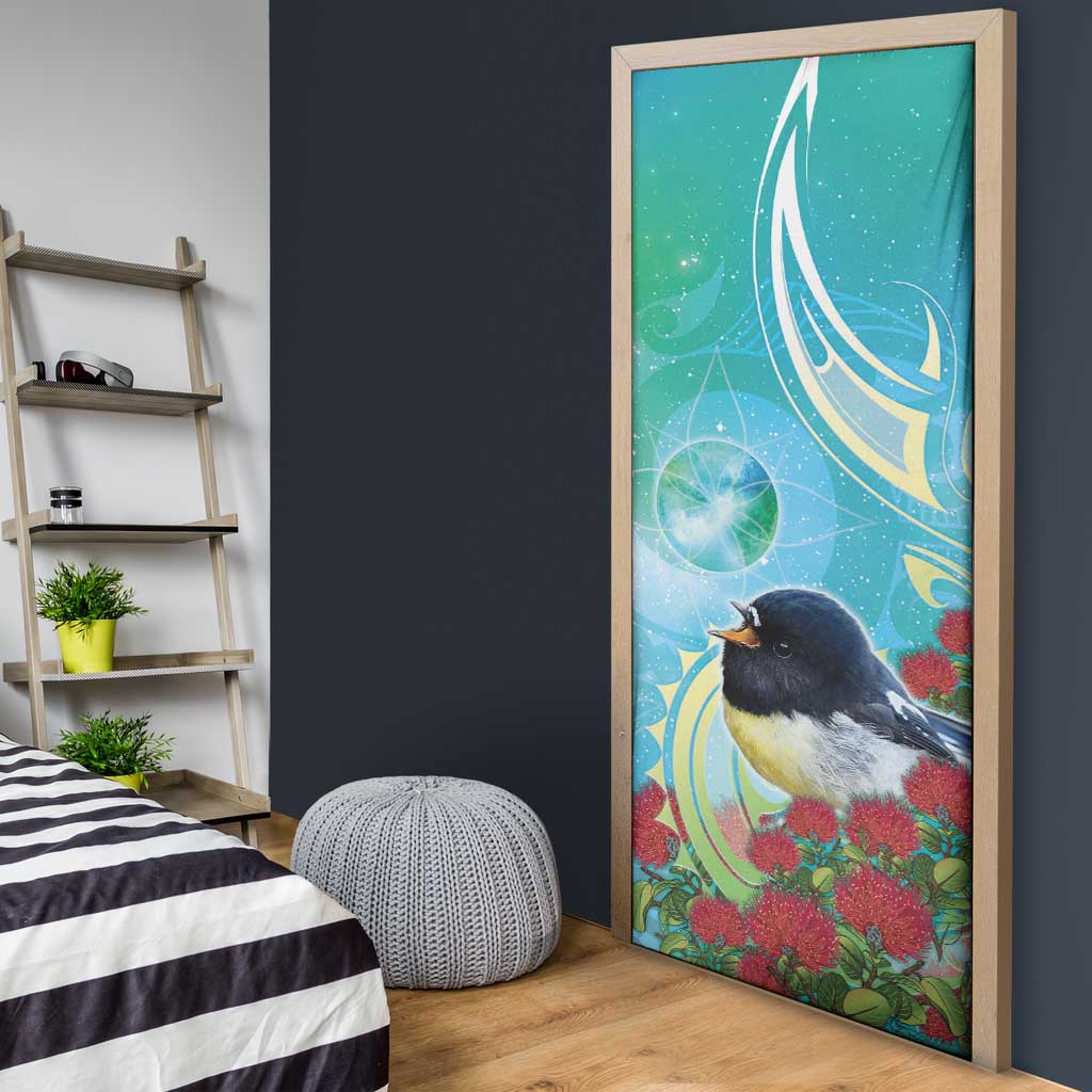 New Zealand Tomtit Door Cover Maori Koru With Pohutukawa Galaxy Style - Aussie Hoodie