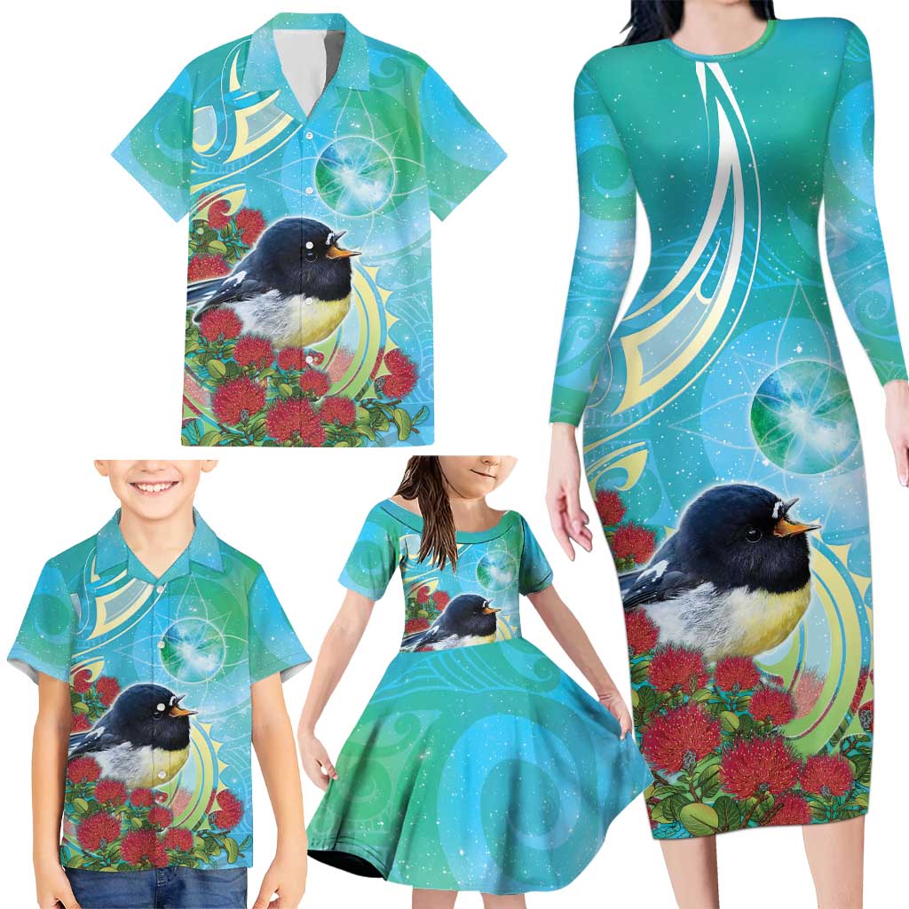 New Zealand Tomtit Family Matching Long Sleeve Bodycon Dress and Hawaiian Shirt Maori Koru With Pohutukawa Galaxy Style - Aussie Hoodie