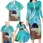 New Zealand Tomtit Family Matching Long Sleeve Bodycon Dress and Hawaiian Shirt Maori Koru With Pohutukawa Galaxy Style - Aussie Hoodie