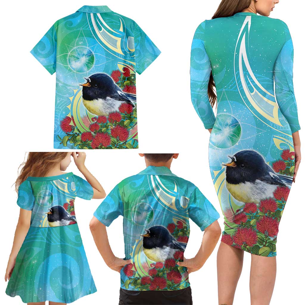 New Zealand Tomtit Family Matching Long Sleeve Bodycon Dress and Hawaiian Shirt Maori Koru With Pohutukawa Galaxy Style - Aussie Hoodie