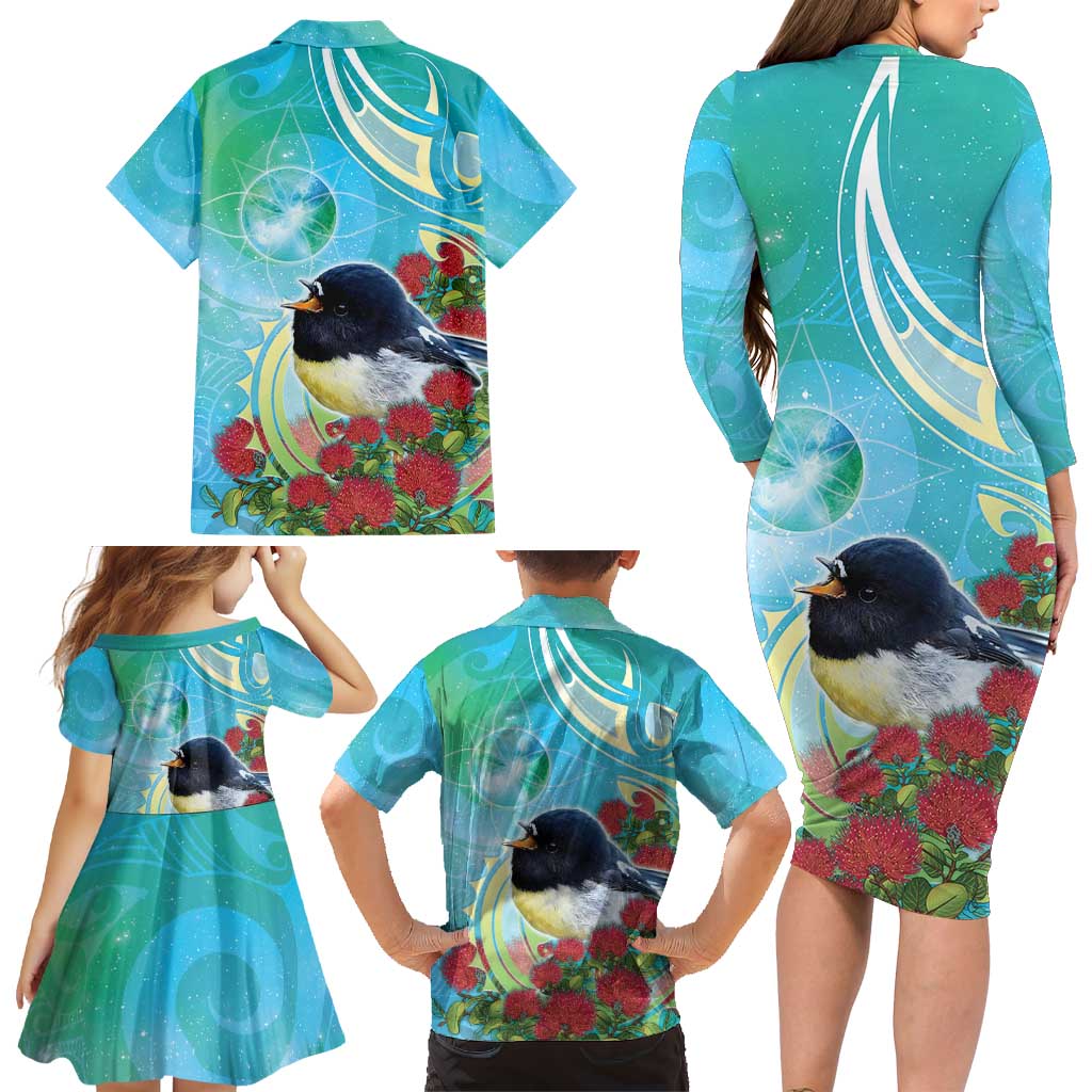 New Zealand Tomtit Family Matching Long Sleeve Bodycon Dress and Hawaiian Shirt Maori Koru With Pohutukawa Galaxy Style - Aussie Hoodie
