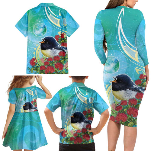 New Zealand Tomtit Family Matching Long Sleeve Bodycon Dress and Hawaiian Shirt Maori Koru With Pohutukawa Galaxy Style - Aussie Hoodie